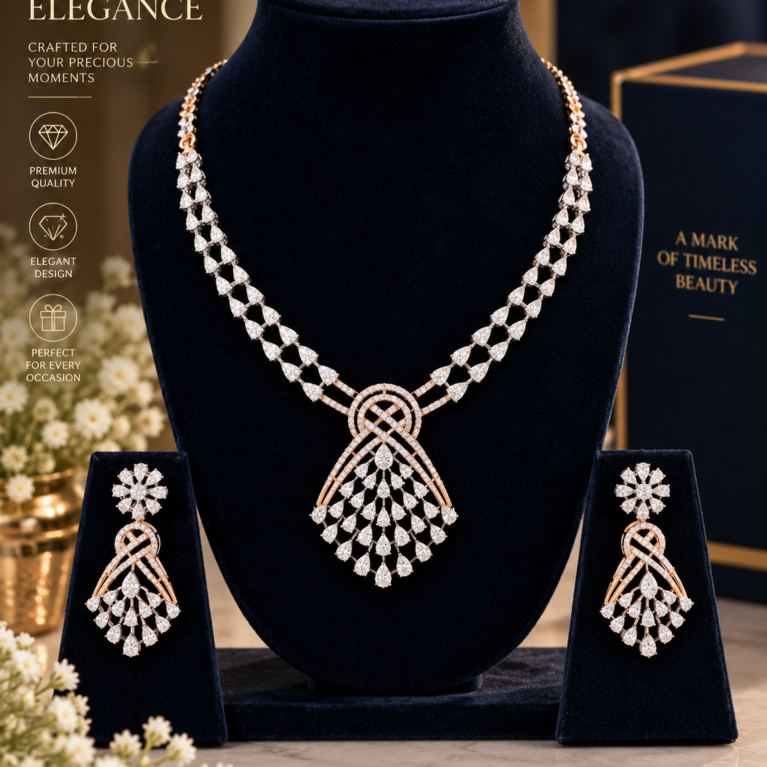 Elegant Diamond Leaf-Design Necklace Set