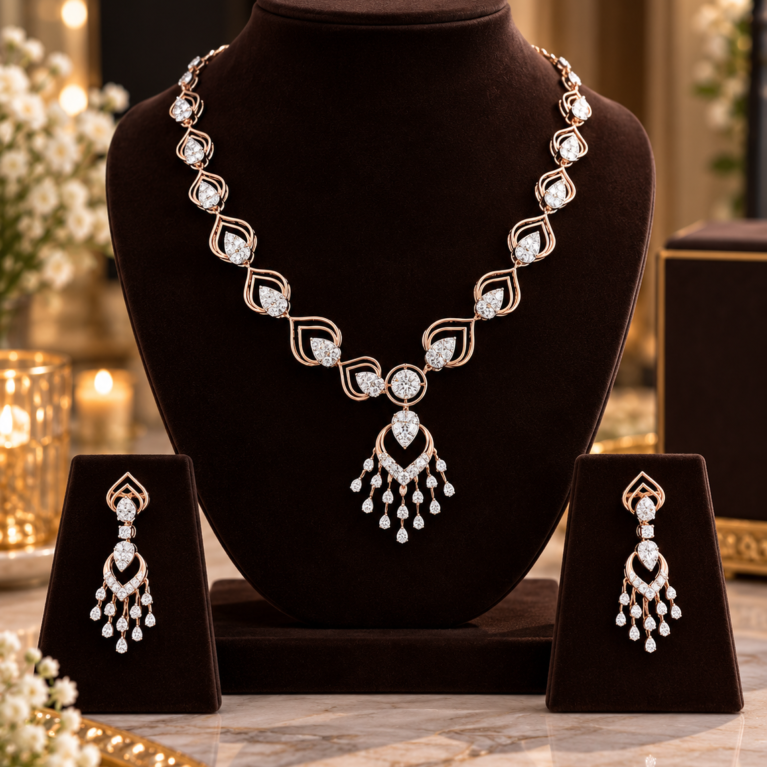 Elegant Rose-Gold Diamond Necklace Set