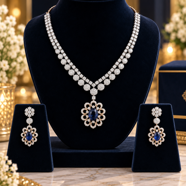 Royal Sapphire Floral Diamond Necklace Set