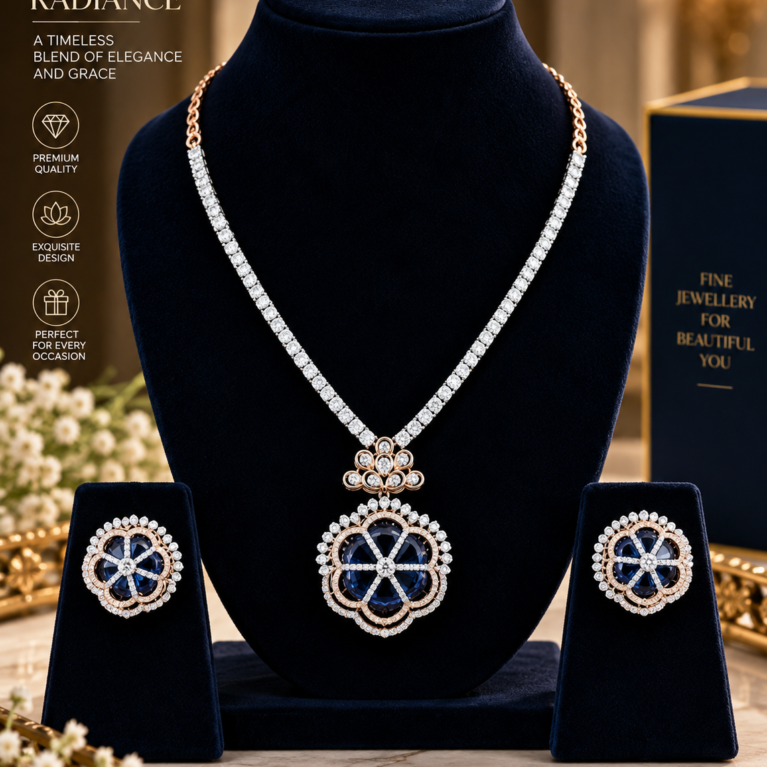 Sapphire Blue Floral Pendant Necklace Set